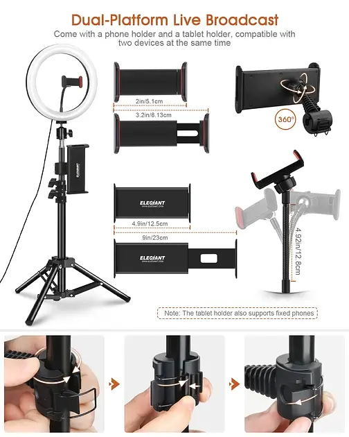 Кольцевая лампа со штативом Elegiant EGL-06 10" Черно-белая Factory Recertified g5 - фото 4