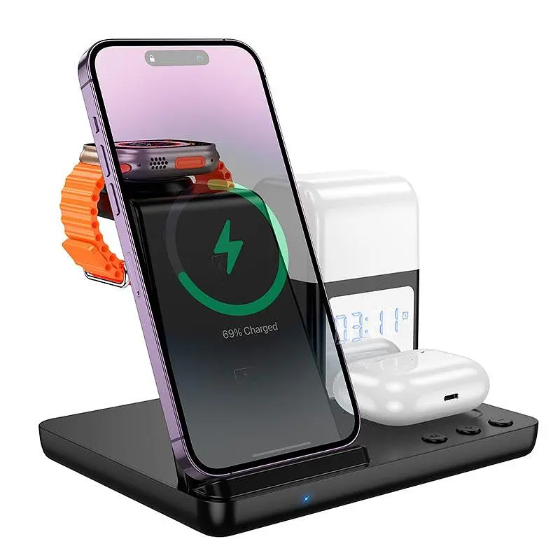 Зарядка Qi HOCO Crown 3-in-1 night light Wireless Fast Charger with clock clock |15W| - фото 2