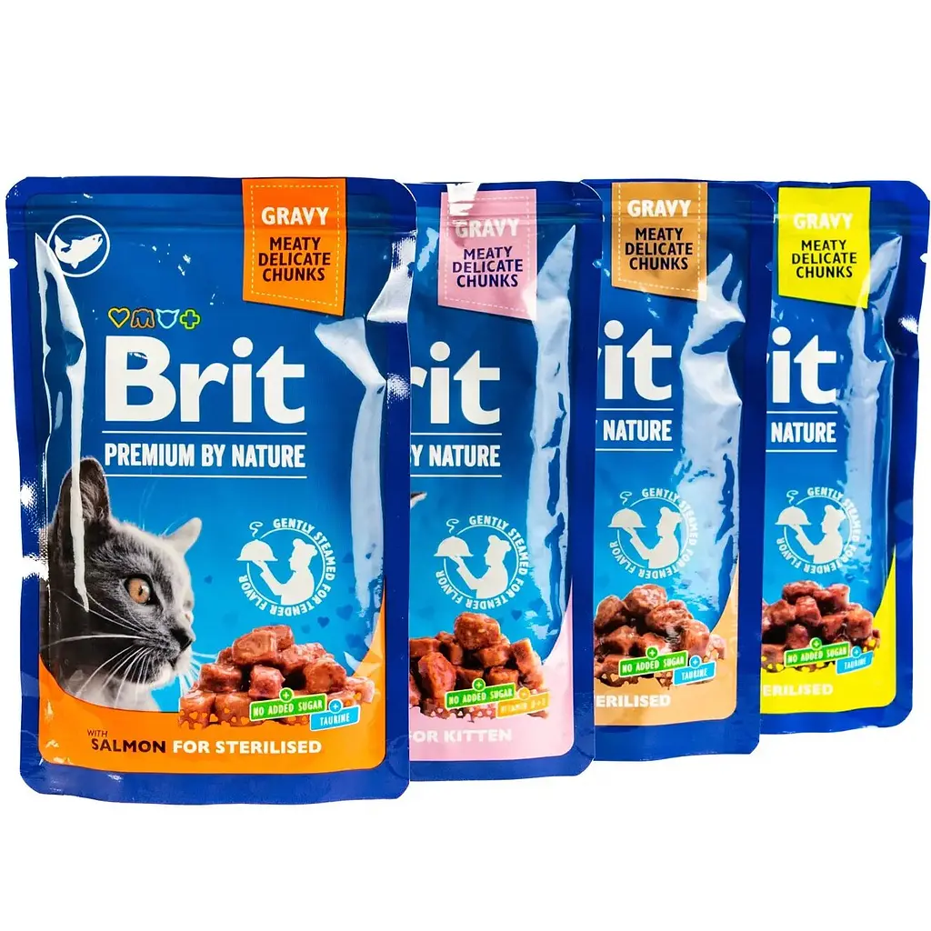 Набор влажный корм для стерилизованных кошек Brit Premium Cat Pouch Семейная тарелка ассорти 4 вкуса 1.2 кг (12 шт. х 100 г) - фото 3