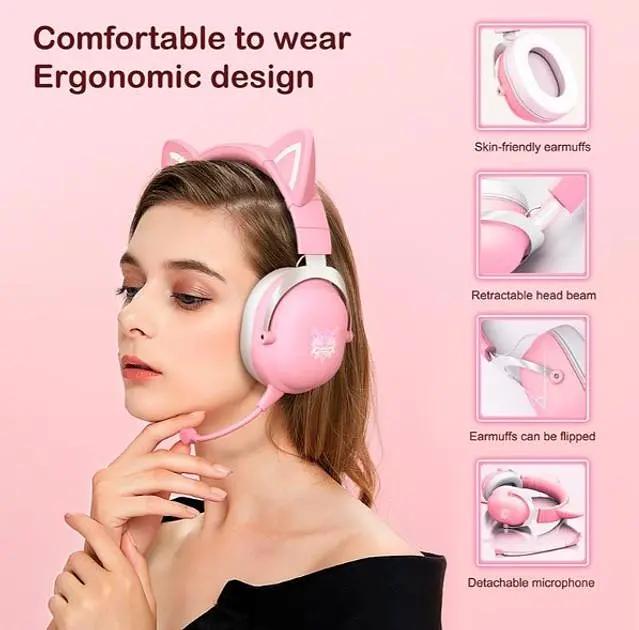 Наушники Onikuma Bluetooth Gaming CAT with LED B100 (B20), BT5.0, AUX, 1000mAh, 15-22h, pink - фото 4