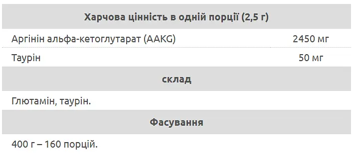 Аргінін альфа-кетоглутарат (AAKG) з Таурином - 400 г - фото 2