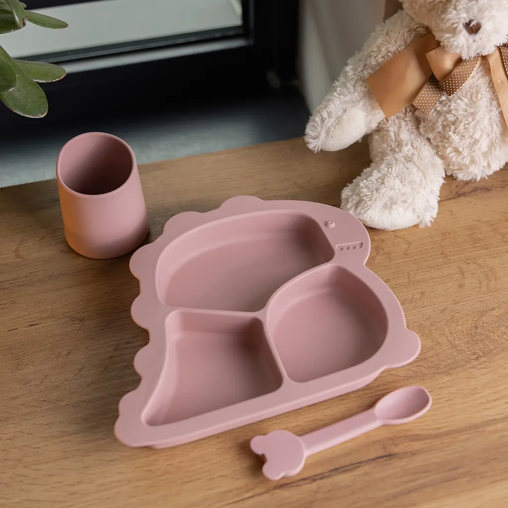 Набір силіконового посуду для дітей Динозавр 3 предмети, рожевий TS Kitchen HP34545P - фото 2