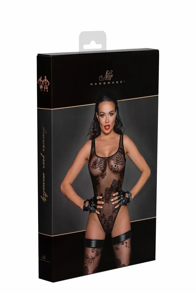 Боді Noir Handmade F242 Tulle body with patterned flock embroidery, L - фото 7