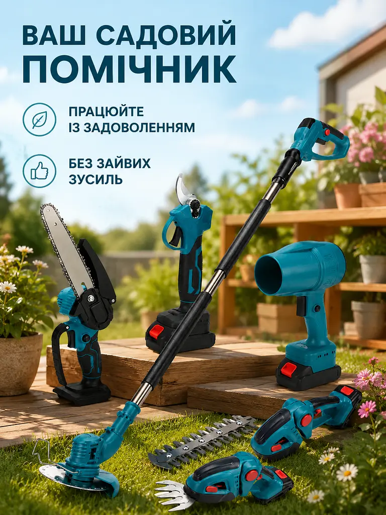 Акумуляторний садовий набір 6 в 1 із секатором, пилою, тримером і кущорізом (49676051) - фото 9