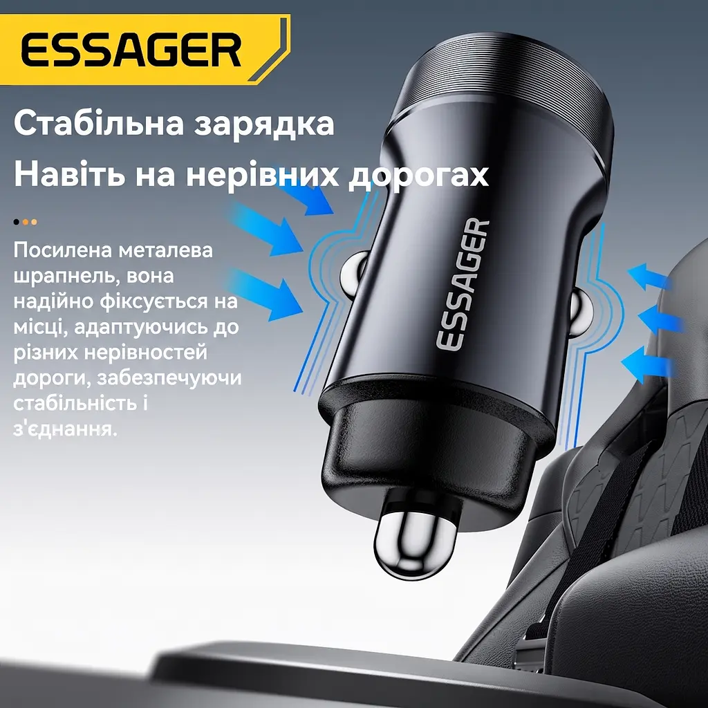 Essager Car Charger 30W 2 порта USB-C та USB-A PD QC 3.0 (чорний) - фото 7