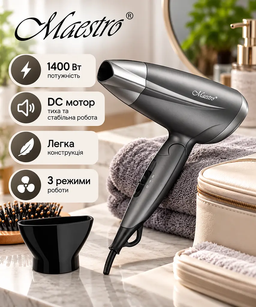 Фен дорожній складний мережевий для волосся насадка концентратор Maestro MR-207 портативний зі складною ручкою 2 швидкості 1400 Вт Чорний - фото 3
