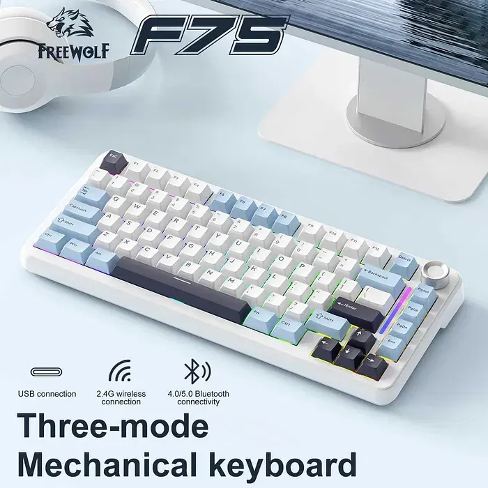 Ігрова механічна клавіатура FreeWolf F75 / Три режими підключення / Hot Swappable / Silver Moon Switch / White Blue - фото 2
