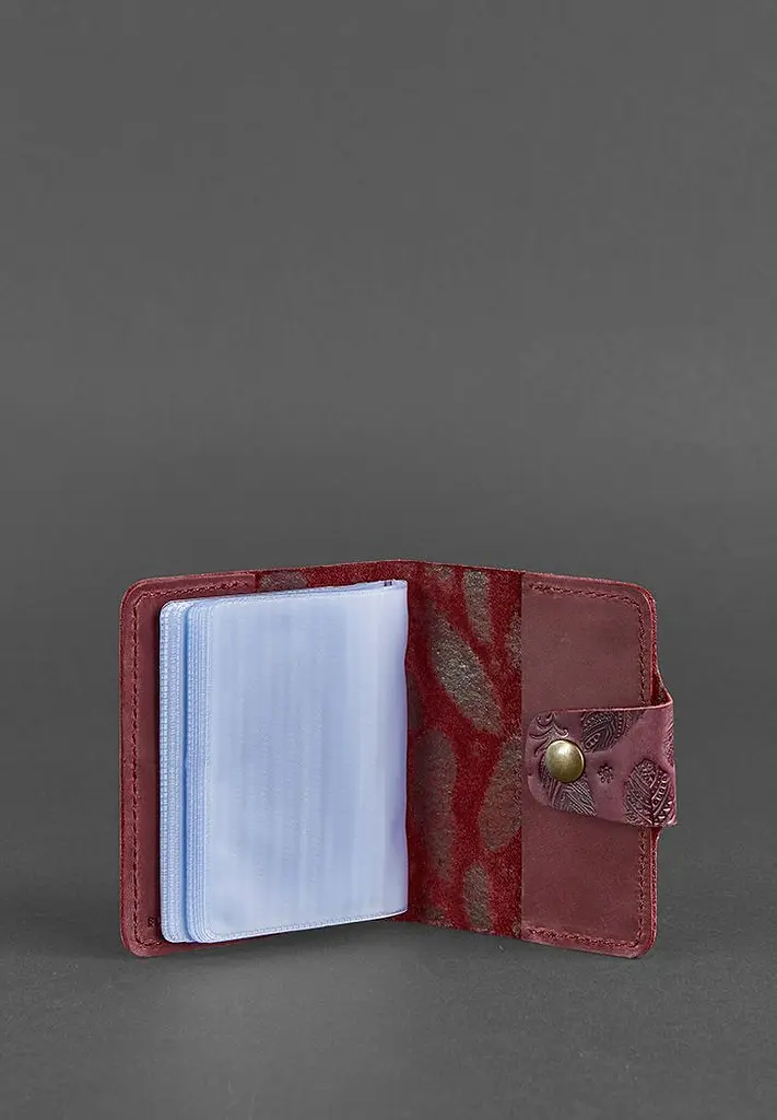 Жіночий шкіряний кард-кейс 7.1 (Книжечка) бордовий з пір'ям - фото 4