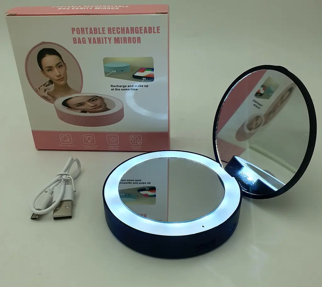 Кишенькове дзеркало акумуляторне з LED підсвічуванням подвійне косметичне з регулюванням яскравості USB UKC MakeUp D8 чорний - фото 4