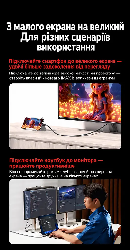 Відеокабель UGREEN CM774 USB-C - DisplayPort 1.4 8K 60 Гц 1,5 м чорний (45267) - фото 12