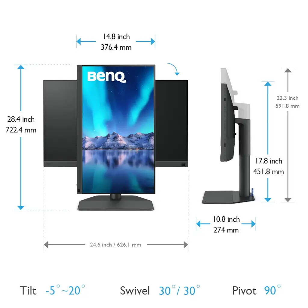 Монітор TFT 27 BenQ SW272Q, 2K IPS, 2хHDMI, DP, USB-C, HAS, USB-hub, MCR, Pivot, сірий - фото 9