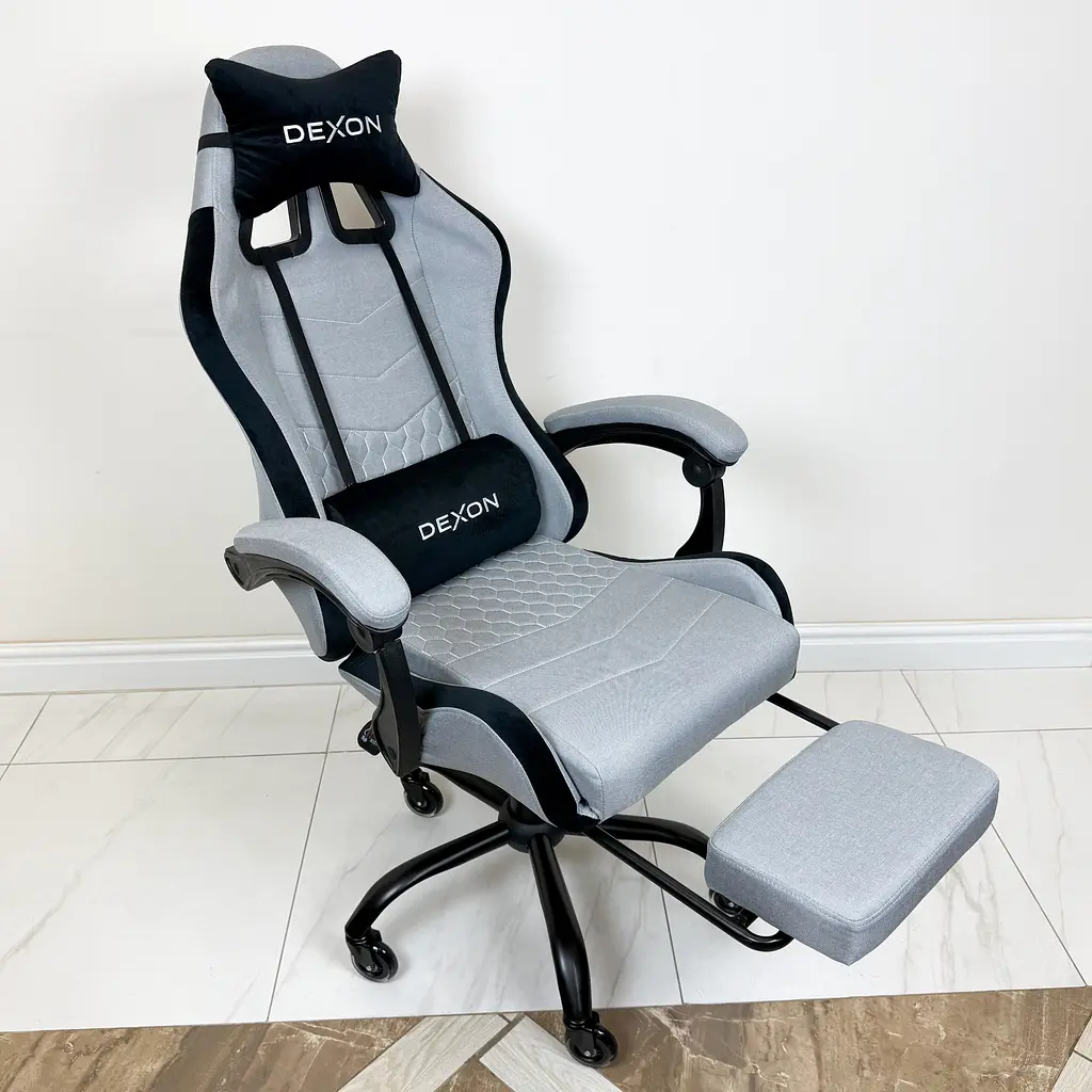 Геймерське крісло DEXON ORION X з підставкою для ніг, з тканини+подушки велюр, металева хрестовина, Сірий - фото 5