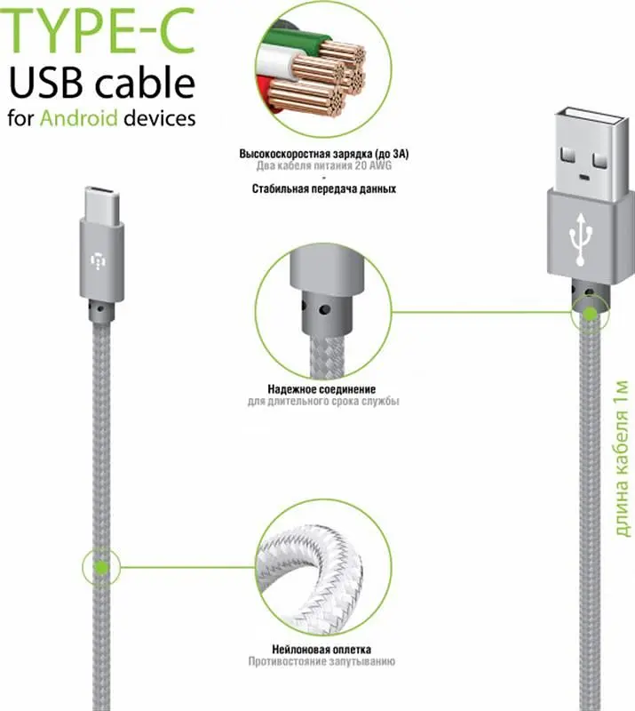 Кабель Intaleo CBGNYT1 USB - USB Type-C (M/M), 1 м, Grey (1283126489136) - фото 2