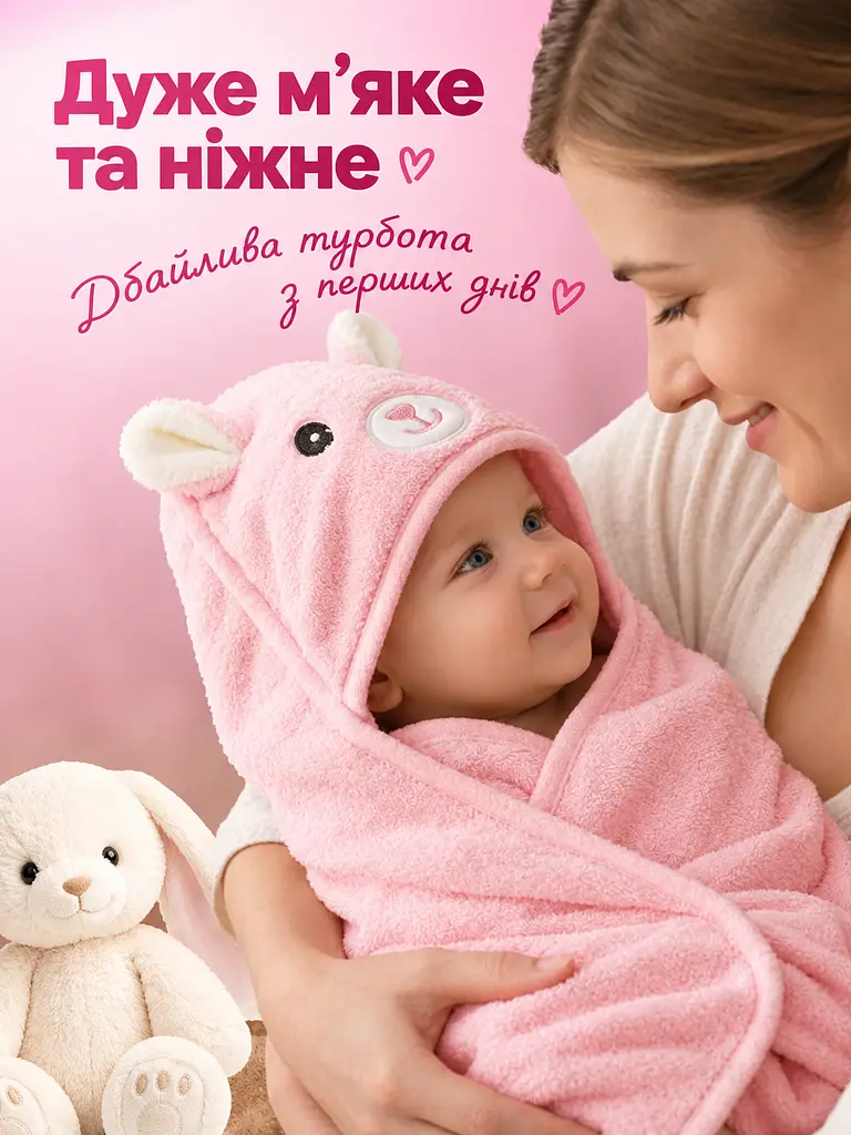 Дитячий рушник пончо з кутиком дитяче з капюшоном для купання немовлят дівчинки хлопчика 80х80 см рожевий - фото 2