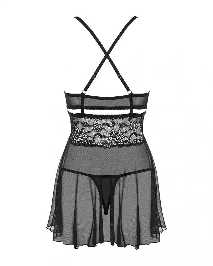 Еротичний мереживний комплект із сіточкою Obsessive 838-BAB-1 babydoll & thong black XXL, чорний, пе - фото 7