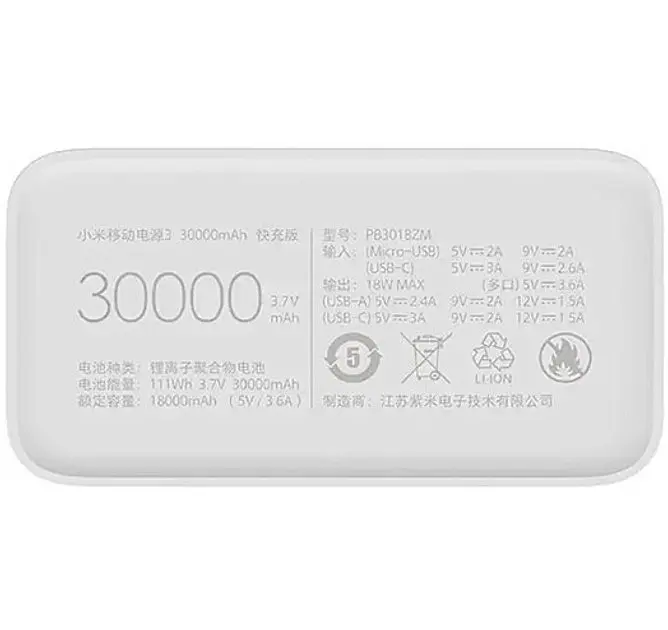 Портативна батарея - зовнішній акб Xiaomi Mi 3 30000mAh PB3018ZM VXN4307CN біла - фото 4