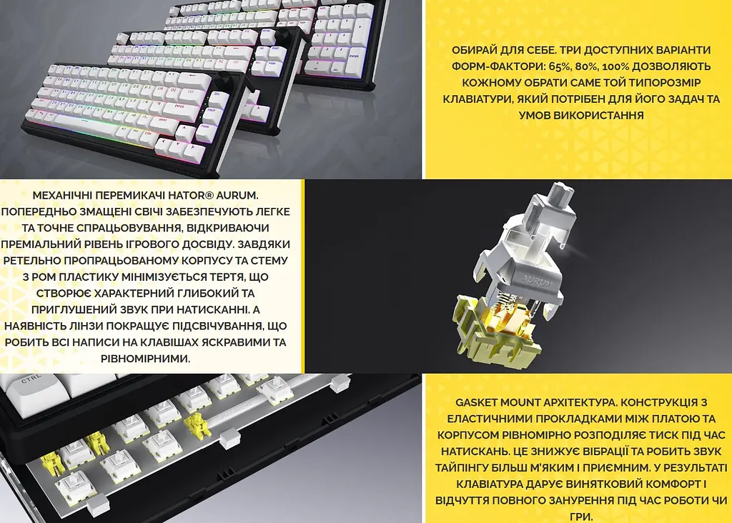 Клавіатура ігрова механічна HATOR HTK-3100-UA Skyfall 100 Wireless Aurum Lemon Switch USB, 2,4 ГГц, BT 5.3 Black-White - фото 6