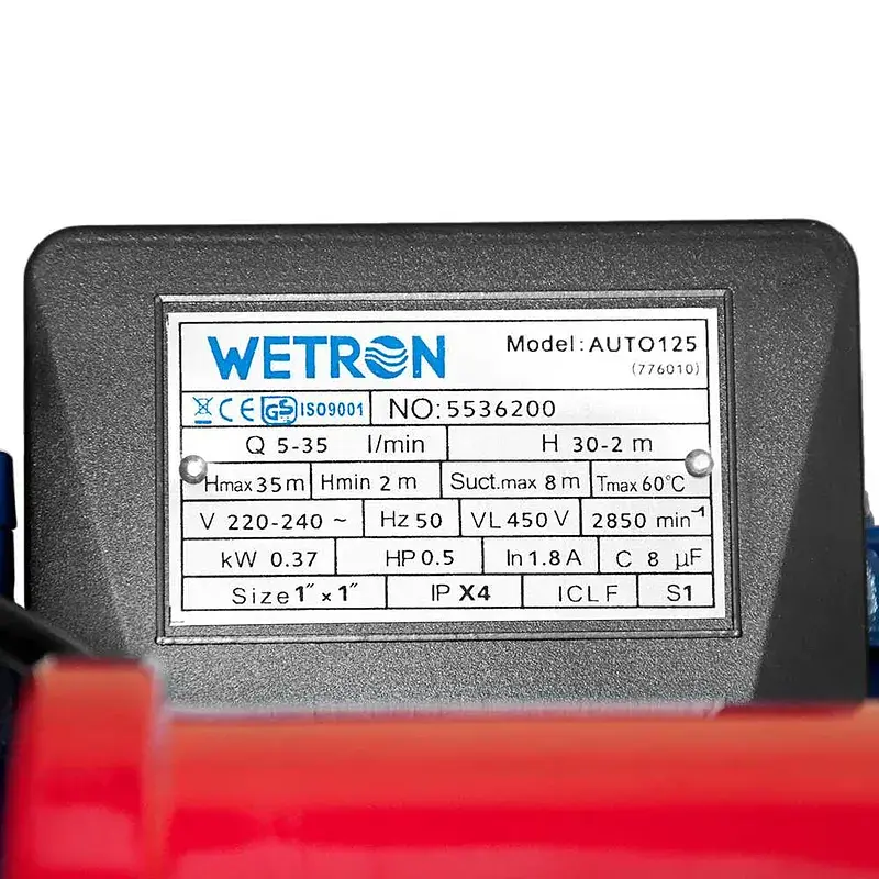 Станція 0.37 кВт Hmax 32 м Qmax 35 л/хв (вихровий насос) 1л WETRON AUTOGP125Z (776010) - фото 6