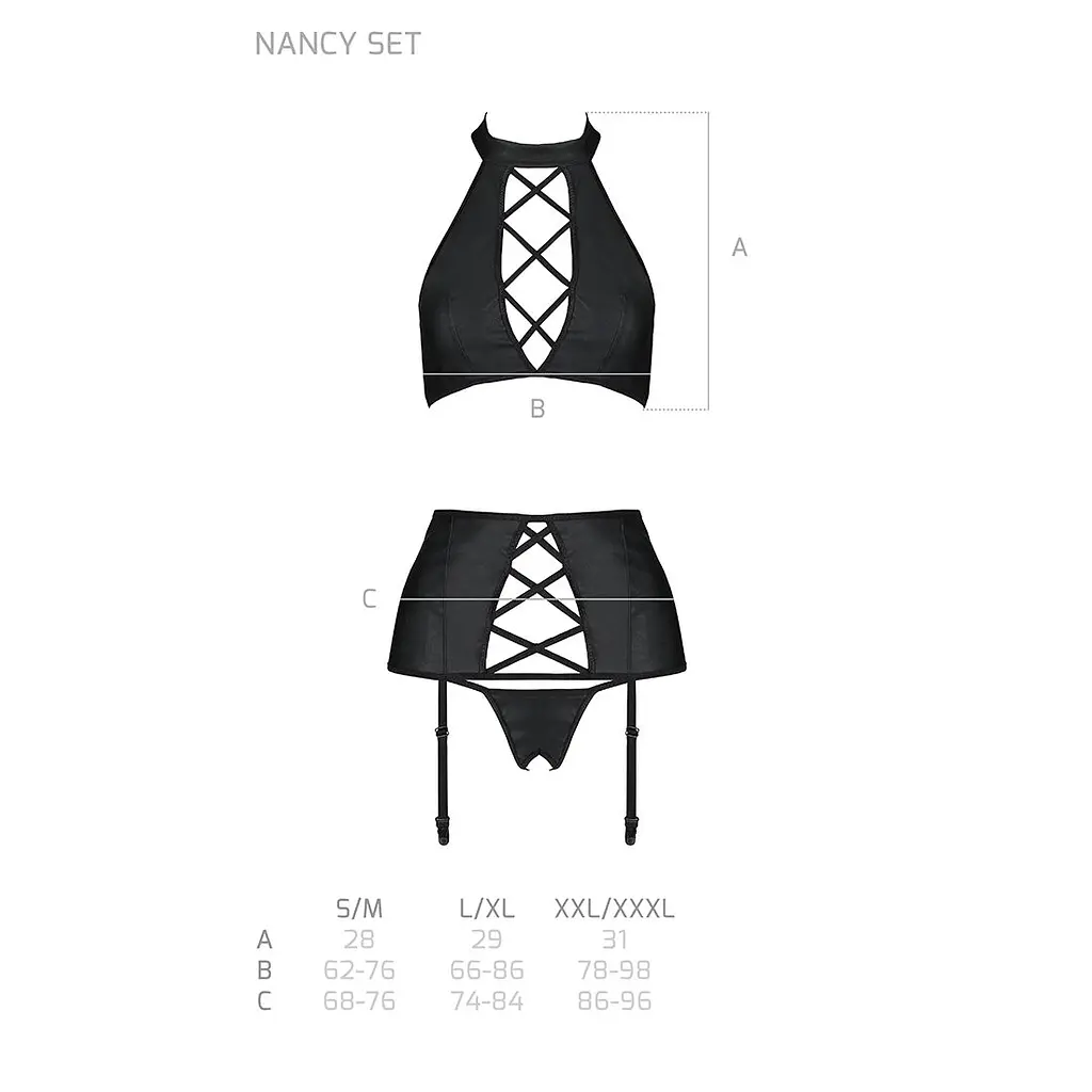 Комплект з еко-шкіри з імітацією шнурівки Passion NANCY SET L/XL black топ, трусики, пояс для панчіх - фото 5