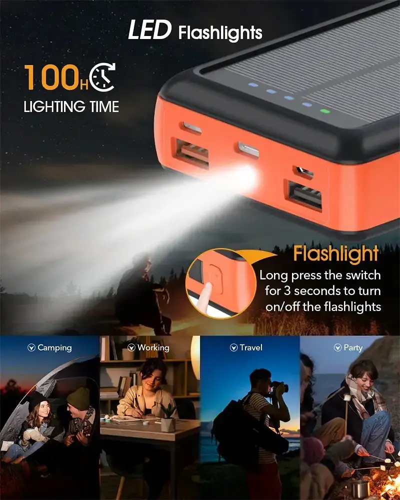 Зарядное устройство на солнечных батареях Powerbank 619S 20000mAh с фонариком и быстрой зарядкой - фото 6
