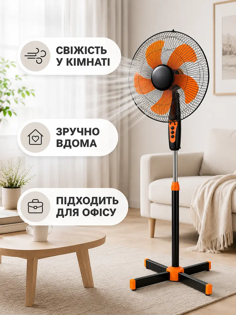 Підлоговий вентилятор 40 Вт 40 см, 3 швидкості, регулювання висоти, чорно-помаранчевий (49676186) - фото 4