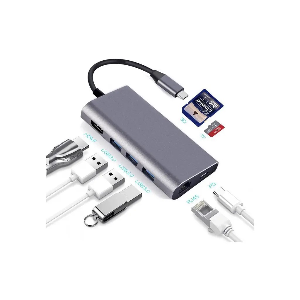 Концентратор Dynamode USB3.1 Type-C to HDMI, 3хUSB3.0, RJ45, USB Type-C Female, SD (Dock-USB-TypeC-HDMI-USB3.0-RJ45) - фото 4