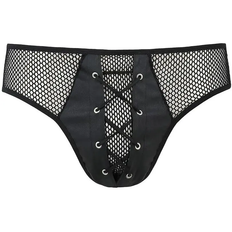 Чоловічі труси зі шнурівкою Passion 035 Slip Richard S/M Black, екошкіра, сітка - фото 5