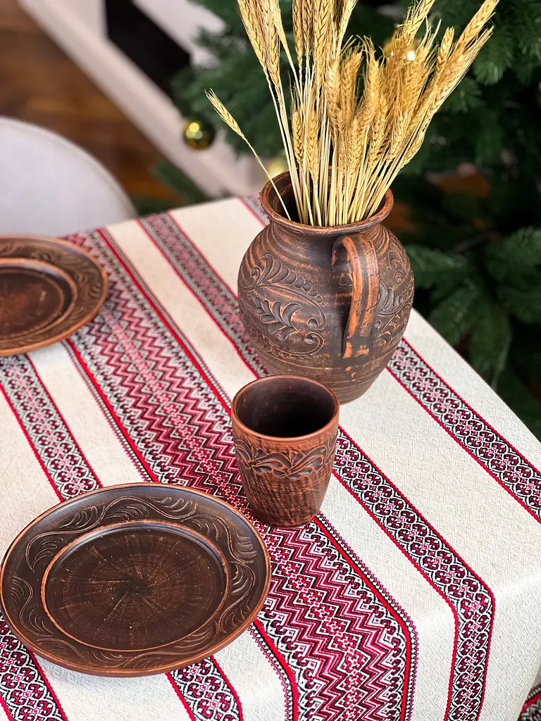 Льняная скатерть рождественская с украинским орнаментом "Рандеву красный" - 150х110 см - фото 16