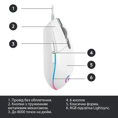 Комп'ютерна мишка Logitech G102 Lightsync White (910-005824) - фото 6