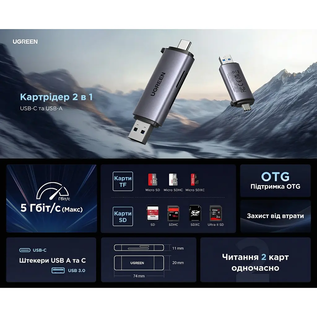 Зчитувач флеш-карт Ugreen USB-C + USB to TF/SD 3.0 CM185 gray (50706) - фото 3
