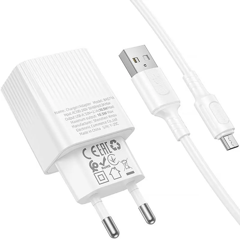 СЗУ Borofone BAS71A Source 10.5W (1USB-A) + кабель USB to MicroUSB White - фото 4