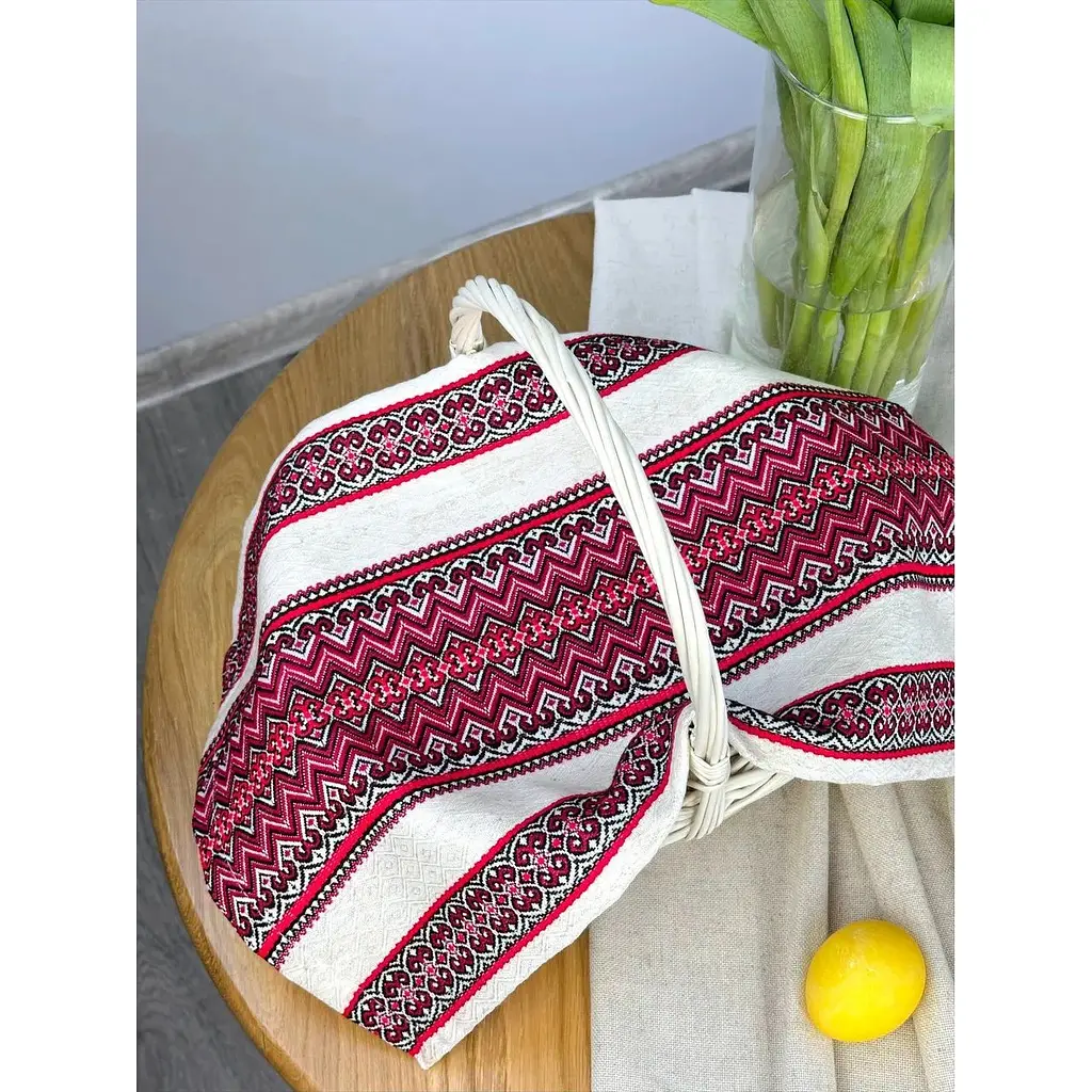Комплект Пасхальная корзина Буковина (маленькая) с льняным полотенцем 45х30 см Рандеву (красный) и свечой - фото 6