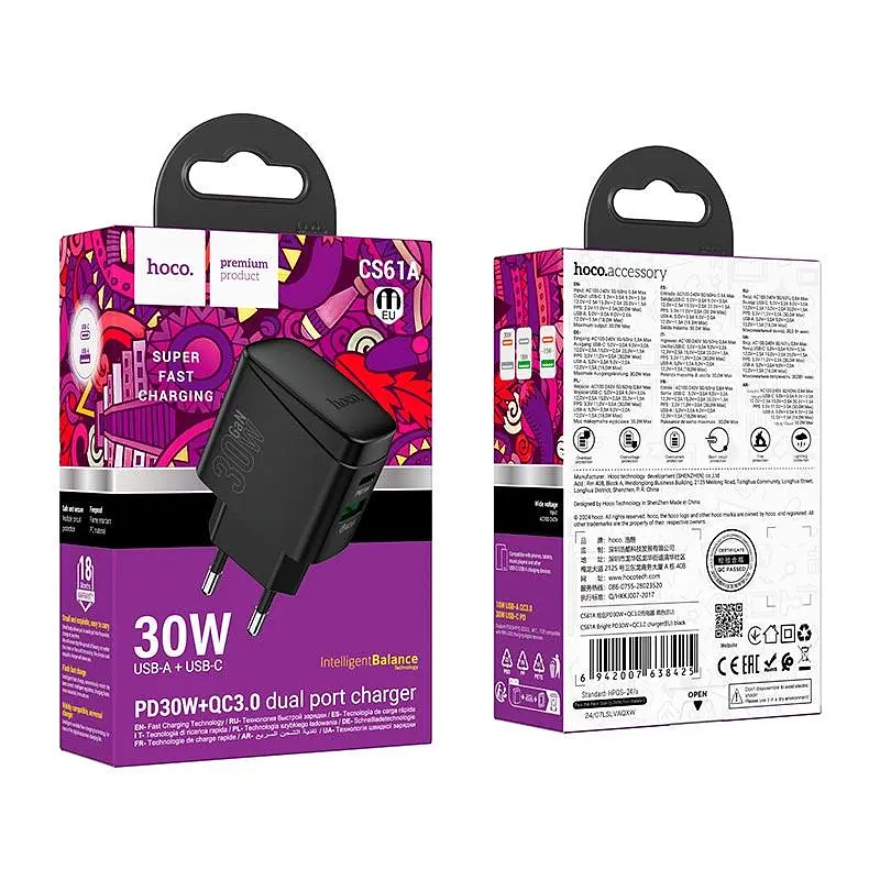 Адаптер мережевий Hoco Bright charger CS61A |1USB/1Type-C, 30W/3A| - фото 2
