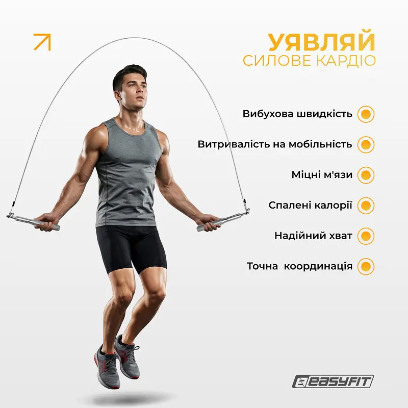 Швидкісна скакалка EasyFit Aluminium зі сталевим тросом та алюмінієвими ручками сіра - фото 2