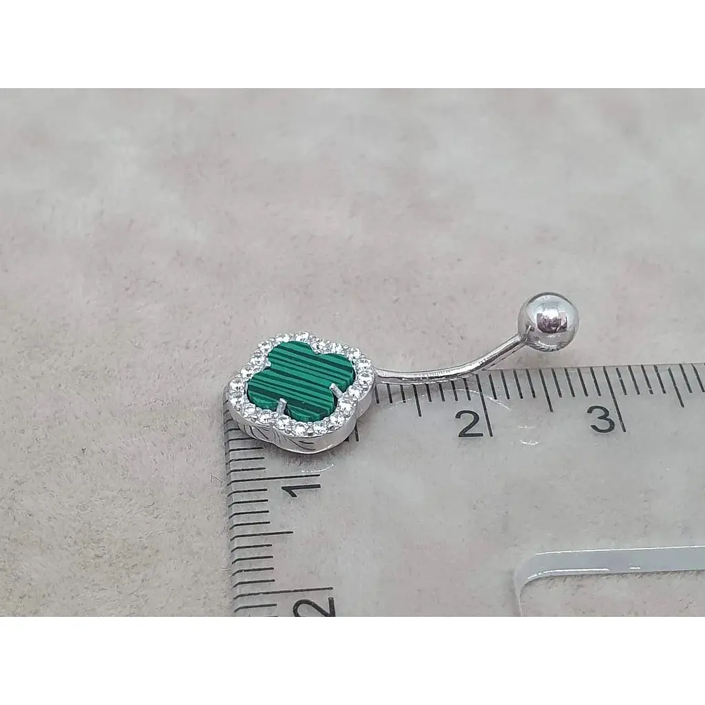 Серебряная серьга для пирсинга пупка Ирий Клевер с малахитом. 6025.1 - фото 4