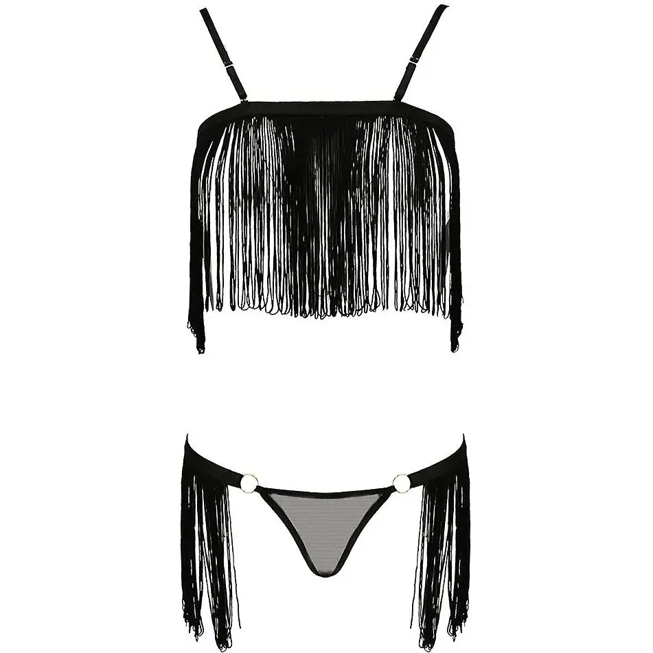 Комплект білизни Passion Exclusive KASSANDRA SET OpenBra Black L/XL: ліф з бахромою, трусики-спідн - фото 5