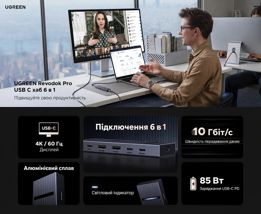 Док-станція USB-C UGREEN Revodok Pro CM818 6 в 1 2 USB-A та 2 USB-C сірий (75775) - фото 4