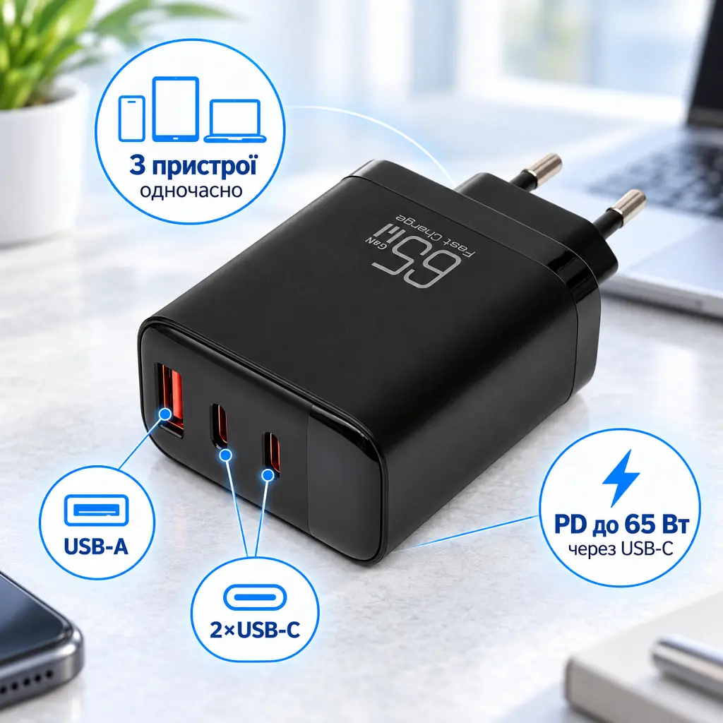 Зарядний пристрій Vinga 2xUSB-C + USB-A Display 65W (VCR65ACCDB) - фото 3