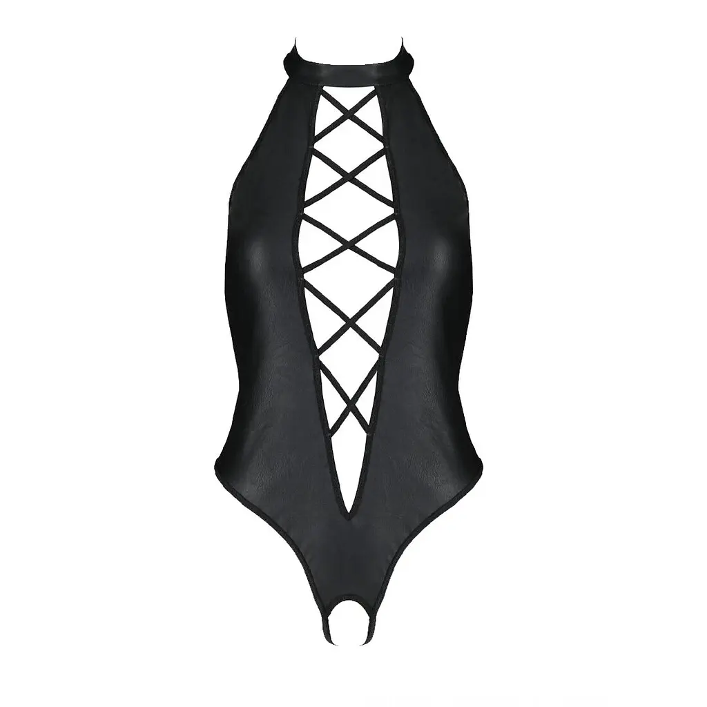 Боді з екошкіри Passion NANCY BODY 6XL/7XL black, з імітацією шнурівки та відкритим доступом - фото 3
