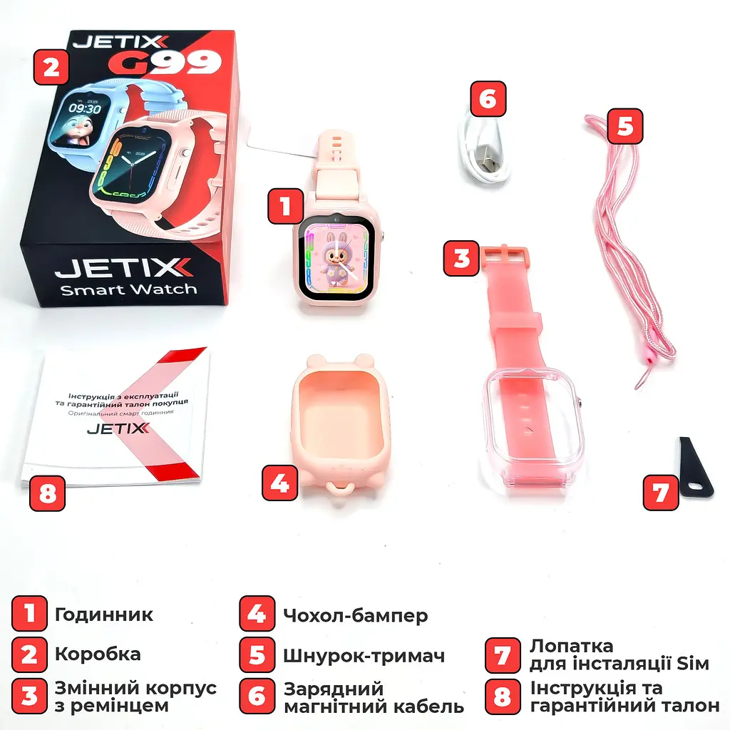 Дитячий смарт-годинник JETIX G99 зі змінним корпусом, GPS, 4G Відеодзвінком і вологозахистом (Pink) - фото 9