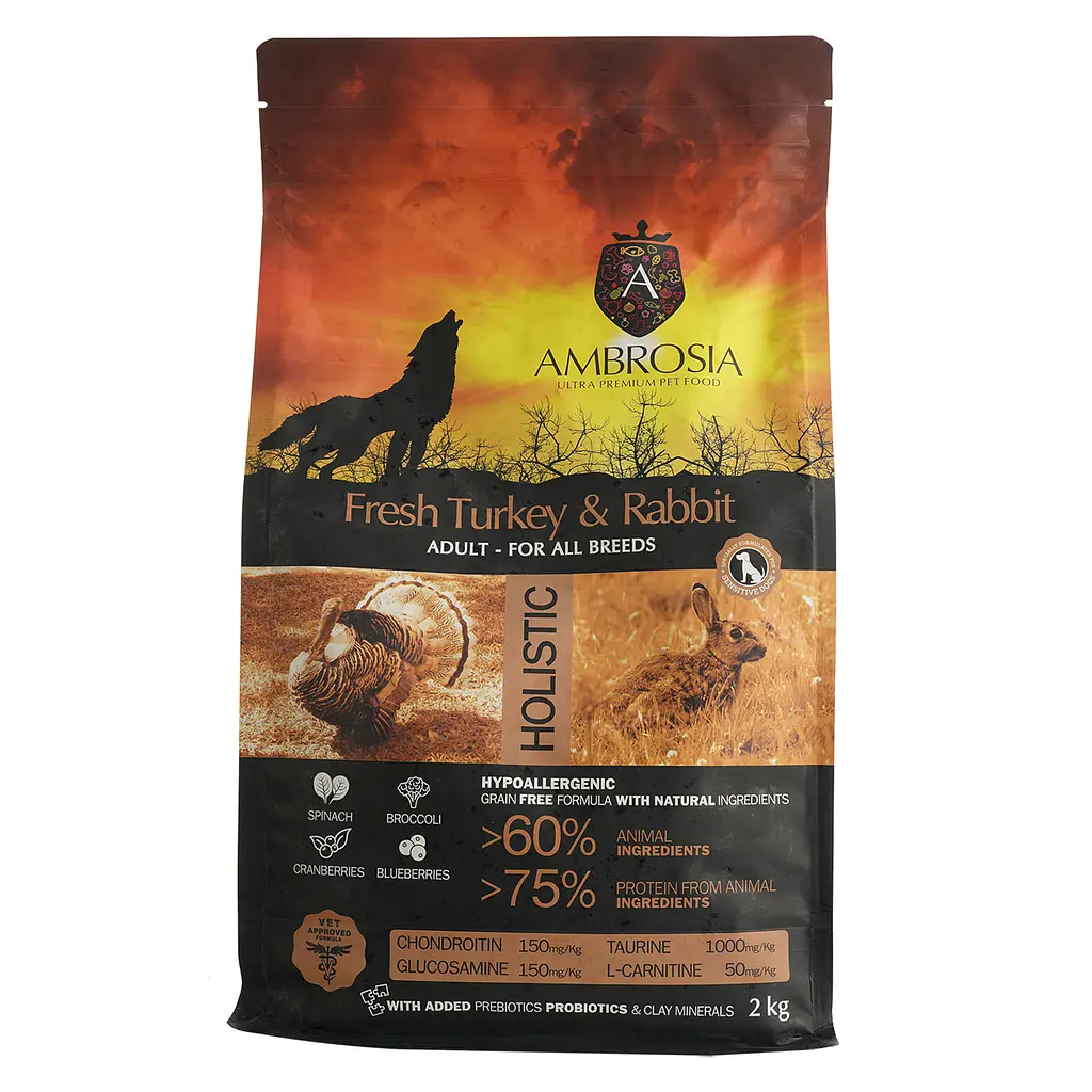 Уцінка. Корм сухий Ambrosia Grain Free Dog Adult Sensitive Fresh Turkey & Rabbit для дорослих собак усіх порід зі свіжою індичкою та кроликом 2 кг 07.10.2026