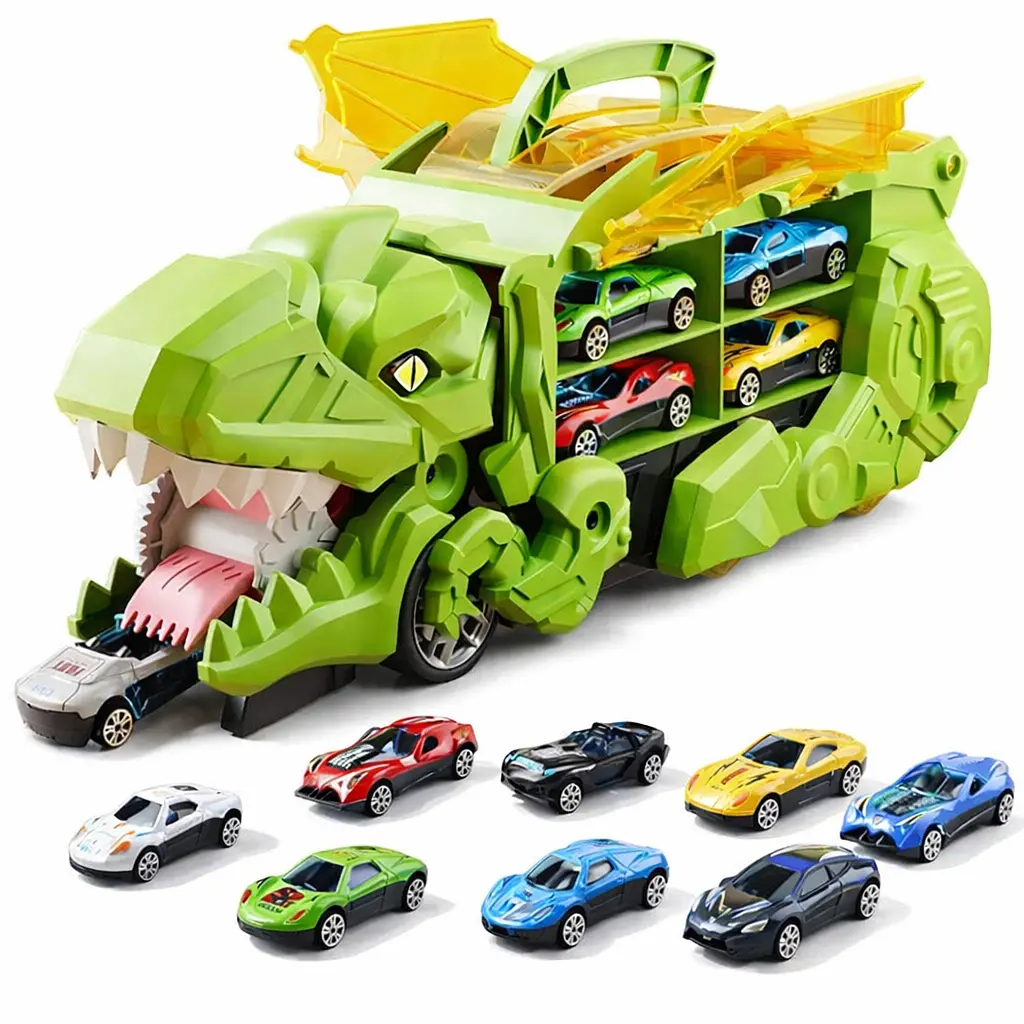 Автовоз трейлер динозавр трансформер Dino T-Rex 3в1 8 машинок зелений - фото 3