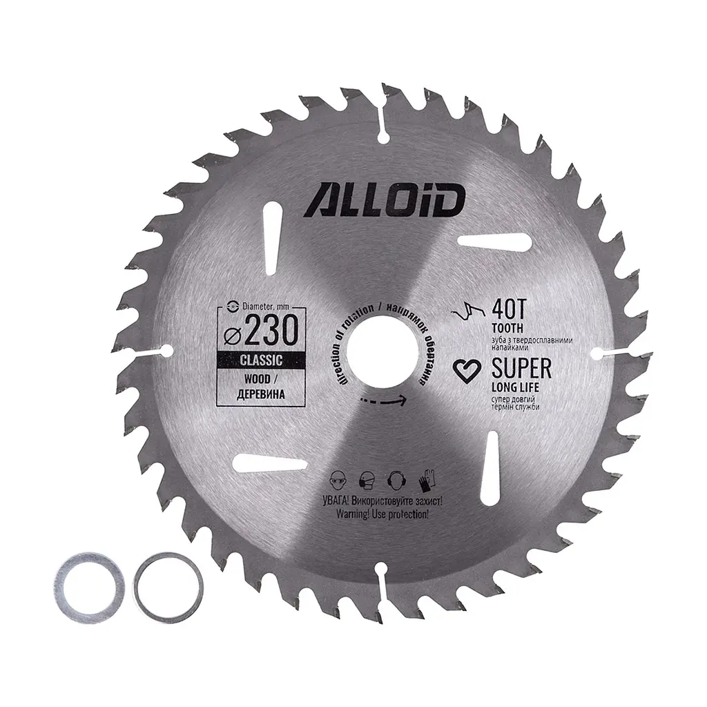Диск пиляльний Alloid по дереву, з твердосплавними напайками, 230×30/25.4/22.2мм, 40 зубів (WS-23040)