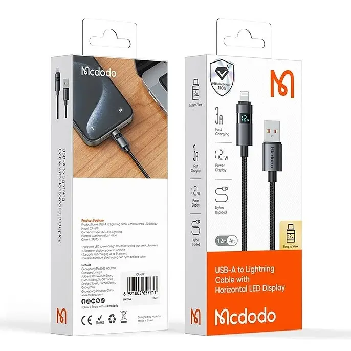 Кабель Mcdodo Horizontal LED Display USB-A to Lightning Data Cable 1.2 м CA-6490 Черный - фото 2