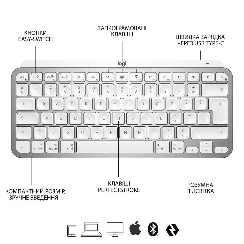 Клавіатура Logitech MX Keys Mini For Mac Wireless Illuminated Pale Gray (920-010526) - фото 6