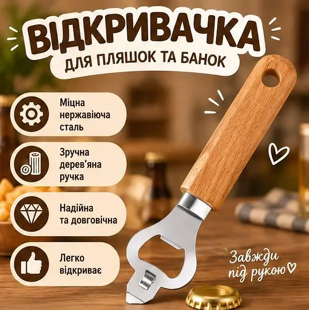 Відкривачка 3 в 1 з дерев'яною ручкою - універсальний відкривач для пляшок і банок кухонний аксесуар - фото 2