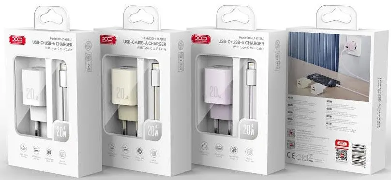 Сітчастий зарядний пристрій XO L147 double USB-A/USB-C 20W 3A with Lightning-Type-C cable Beige - фото 2