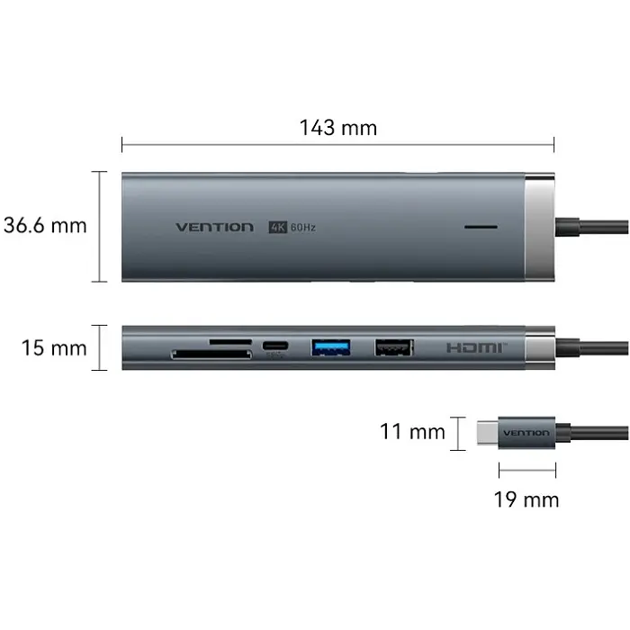 Док-станція USB3.2 Type-C --> HDMI 60Hz/USB 3.0x2/RJ45/SD/TF/3.5mm/PD 100W Hub 9-in-1 Vention - фото 2
