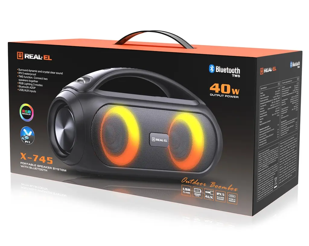 Портативная колонка бумбокс REAL-EL RX745 Boombox 40W Bluetooth TWS, RGB, Black - фото 12