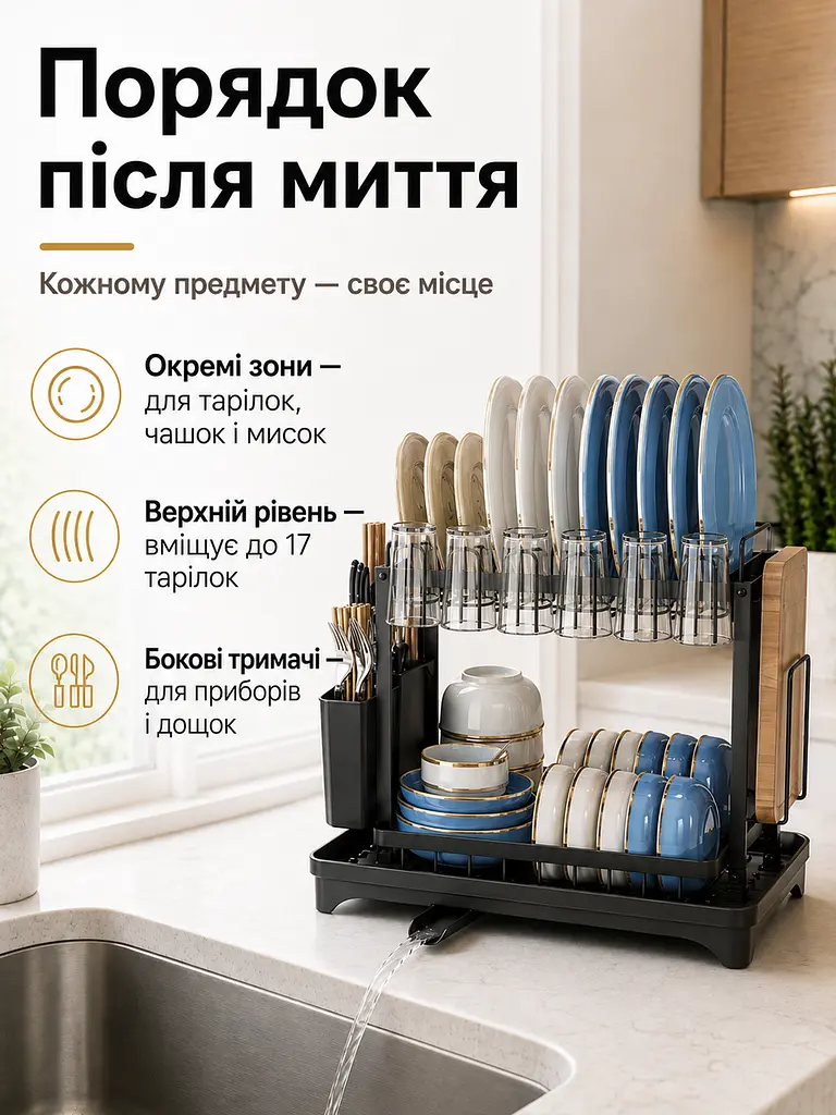 Дворівнева сушарка для посуду 42x29x29 см з піддоном і відводом води, чорна (49675897) - фото 3